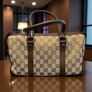 Vintage Gucci GG Canvas Boston Satchel Brown Leather Trim Style 30458
